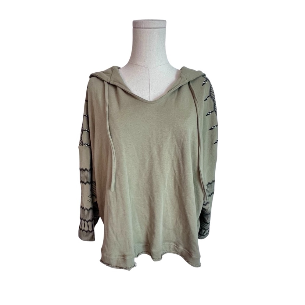 Easel Los Angeles Green Embroidered 3/4 Sleeve Raw Hem Oversized Crop Hoodie L